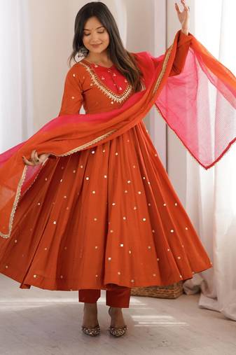 Premium orange heavy neck embroidery anarkali suit set with dupatta & pant
