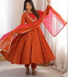 Premium orange heavy neck embroidery anarkali suit set with dupatta & pant