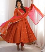 Premium orange heavy neck embroidery anarkali suit set with dupatta & pant