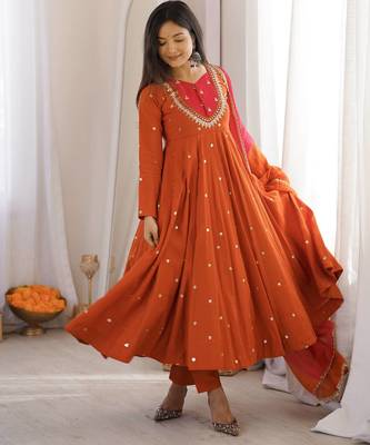 Premium orange heavy neck embroidery anarkali suit set with dupatta & pant 2