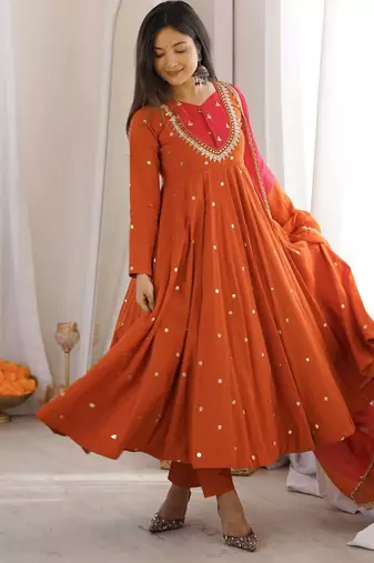 Premium orange heavy neck embroidery anarkali suit set with dupatta & pant