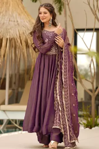 Women's wine silk blend embroidered flared kurta set with dupatta and palazzo