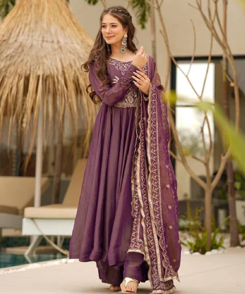 Women's wine silk blend embroidered flared kurta set with dupatta and palazzo