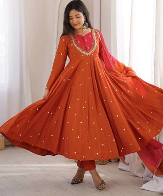 Premium orange heavy neck embroidery anarkali suit set with dupatta & pant 3