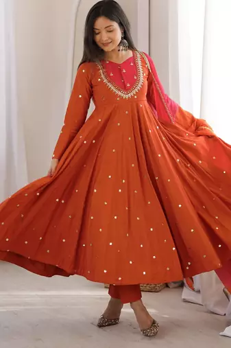 Premium orange heavy neck embroidery anarkali suit set with dupatta & pant