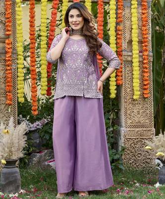 Women's lavender chinon embroidered kurti set with dupatta and palazzo 1
