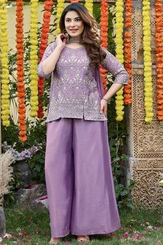 Women's lavender chinon embroidered kurti set with dupatta and palazzo