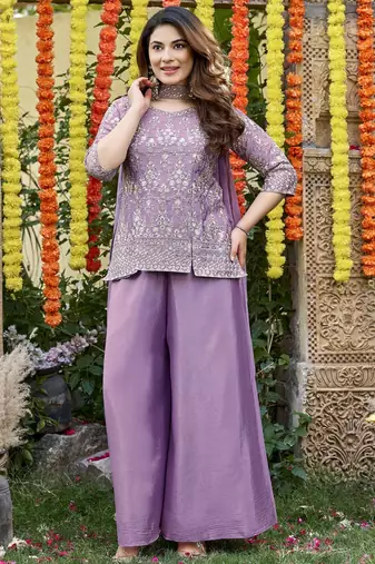 Women's lavender chinon embroidered kurti set with dupatta and palazzo