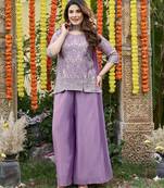 Women's lavender chinon embroidered kurti set with dupatta and palazzo
