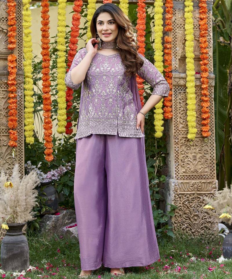 Women's lavender chinon embroidered kurti set with dupatta and palazzo