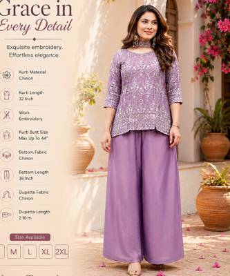 Women's lavender chinon embroidered kurti set with dupatta and palazzo 2