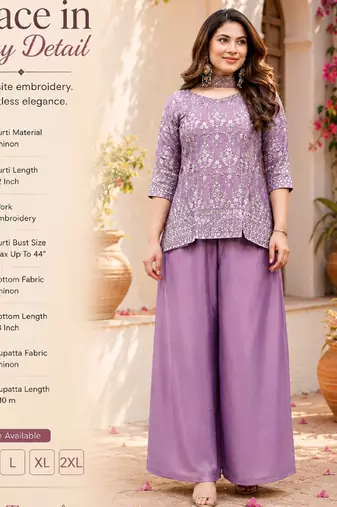 Women's lavender chinon embroidered kurti set with dupatta and palazzo