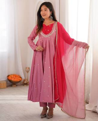 Premium pink heavy neck embroidery anarkali suit set with dupatta & pant 1
