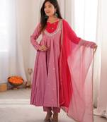 Premium pink heavy neck embroidery anarkali suit set with dupatta & pant