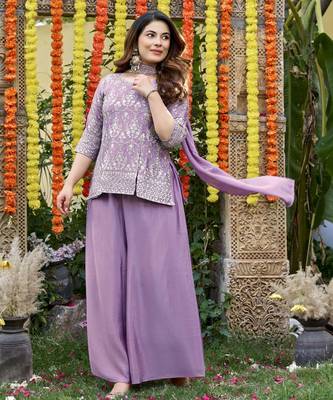 Women's lavender chinon embroidered kurti set with dupatta and palazzo 3