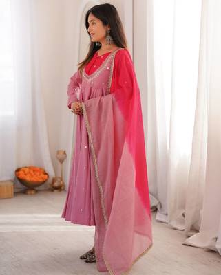 Premium pink heavy neck embroidery anarkali suit set with dupatta & pant 2