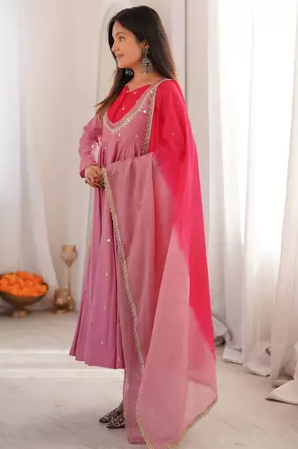 Premium pink heavy neck embroidery anarkali suit set with dupatta & pant