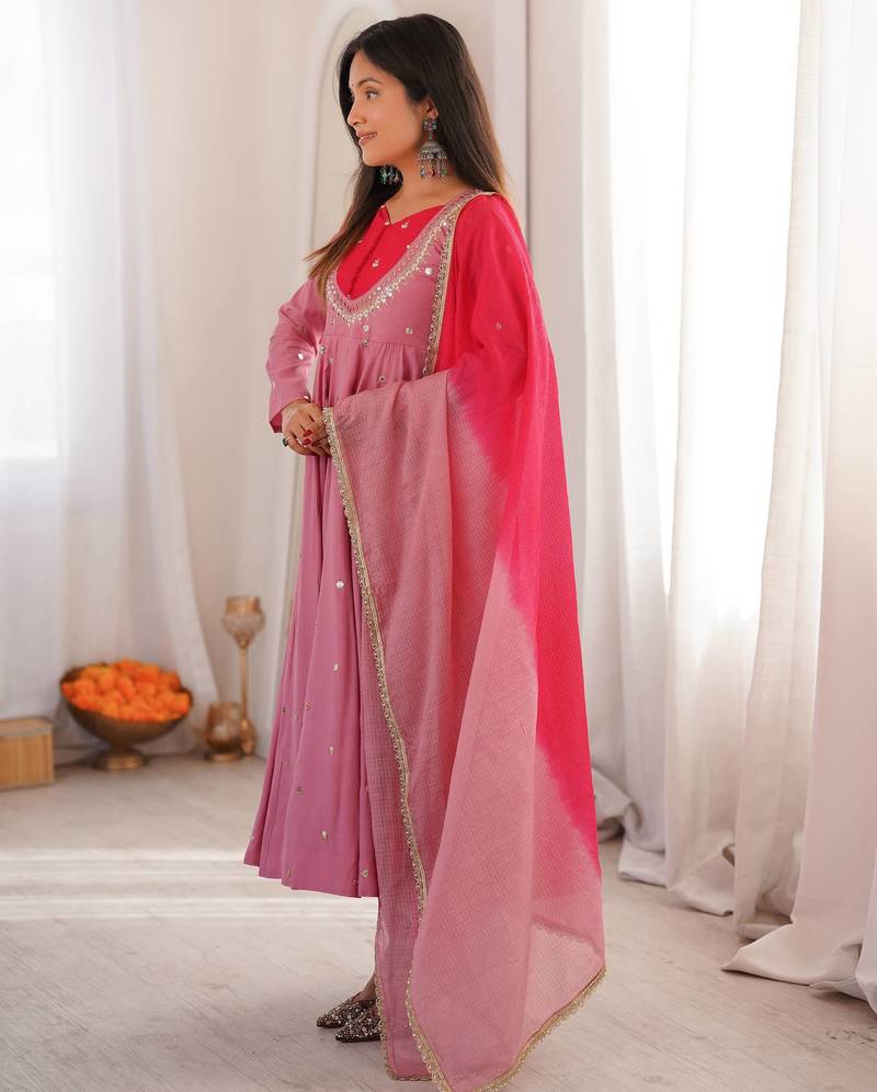 Premium pink heavy neck embroidery anarkali suit set with dupatta & pant