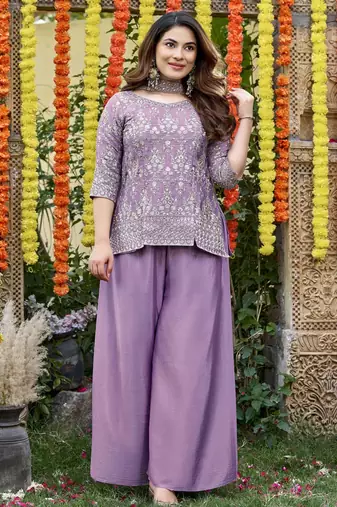 Women's lavender chinon embroidered kurti set with dupatta and palazzo