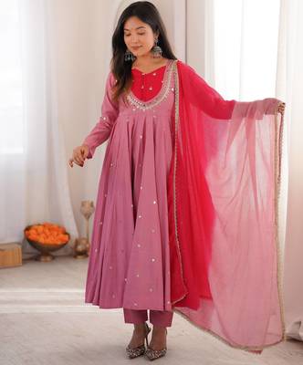 Premium pink heavy neck embroidery anarkali suit set with dupatta & pant 3