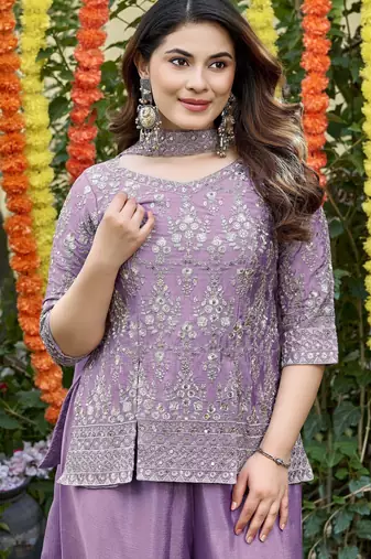 Women's lavender chinon embroidered kurti set with dupatta and palazzo