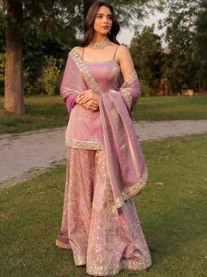 Women's light lavender chinon embroidered kurti set with dupatta and palazzo 1