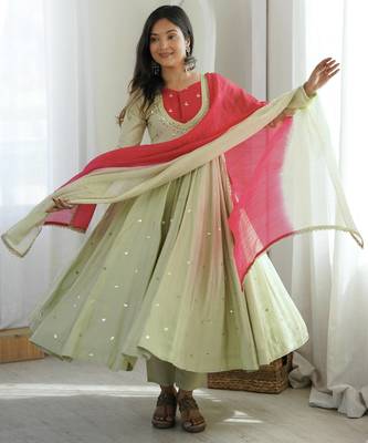 Premium pista heavy neck embroidery anarkali suit set with dupatta & pant 1