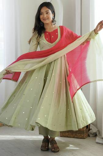 Premium pista heavy neck embroidery anarkali suit set with dupatta & pant