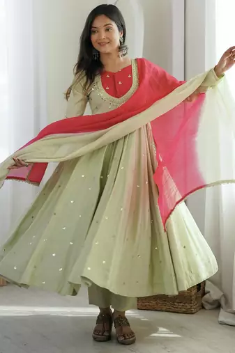 Premium pista heavy neck embroidery anarkali suit set with dupatta & pant