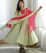 Premium pista heavy neck embroidery anarkali suit set with dupatta & pant