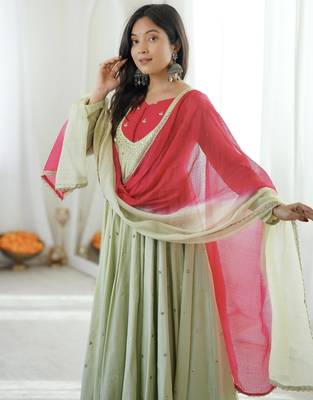 Premium pista heavy neck embroidery anarkali suit set with dupatta & pant 2