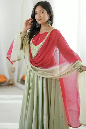 Premium pista heavy neck embroidery anarkali suit set with dupatta & pant