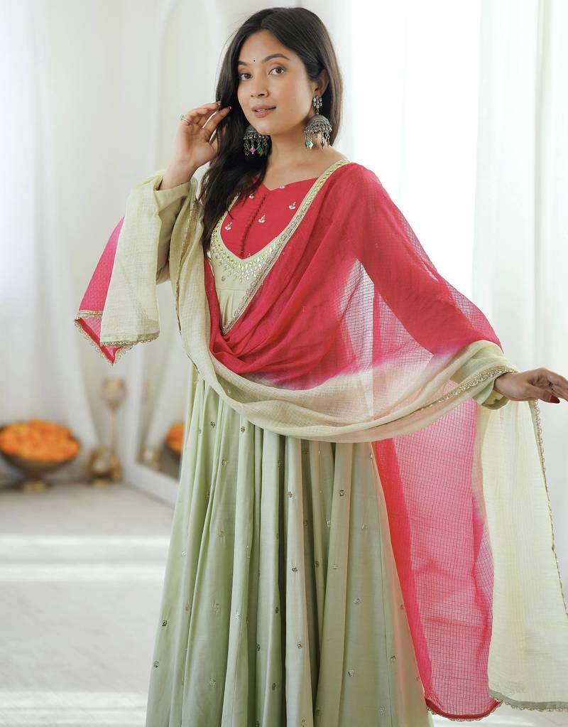 Premium pista heavy neck embroidery anarkali suit set with dupatta & pant