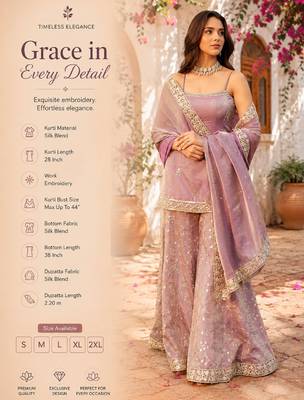 Women's light lavender chinon embroidered kurti set with dupatta and palazzo 2