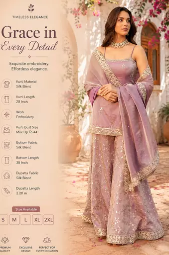 Women's light lavender chinon embroidered kurti set with dupatta and palazzo