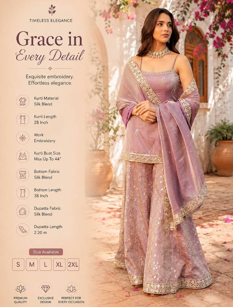 Women's light lavender chinon embroidered kurti set with dupatta and palazzo
