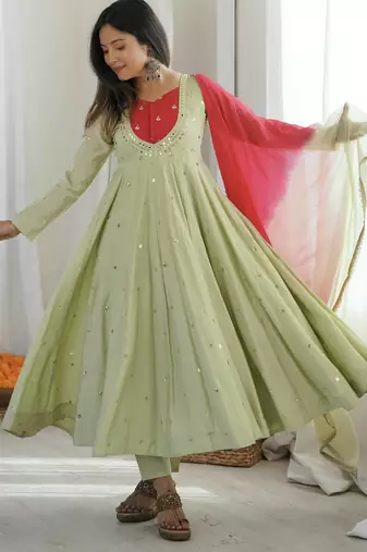 Premium pista heavy neck embroidery anarkali suit set with dupatta & pant