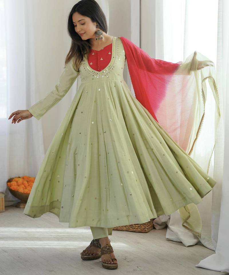 Premium pista heavy neck embroidery anarkali suit set with dupatta & pant