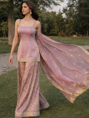 Women's light lavender chinon embroidered kurti set with dupatta and palazzo 3