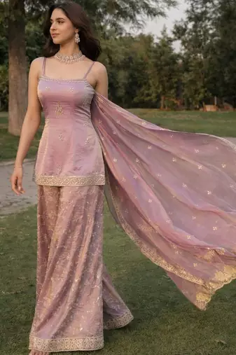 Women's light lavender chinon embroidered kurti set with dupatta and palazzo
