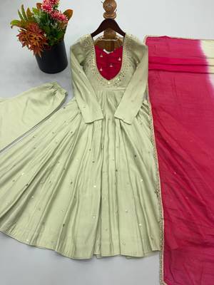 Premium pista heavy neck embroidery anarkali suit set with dupatta & pant 4