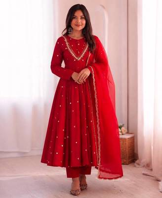 Premium red heavy neck embroidery anarkali suit set with dupatta & pant 1