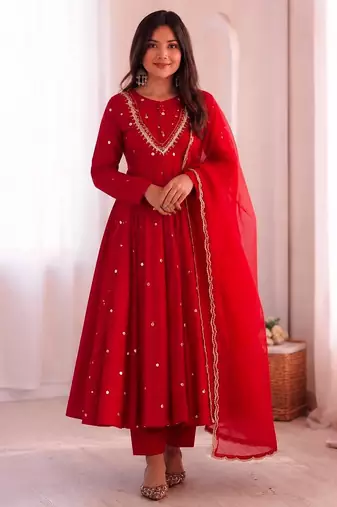 Premium red heavy neck embroidery anarkali suit set with dupatta & pant