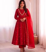 Premium red heavy neck embroidery anarkali suit set with dupatta & pant