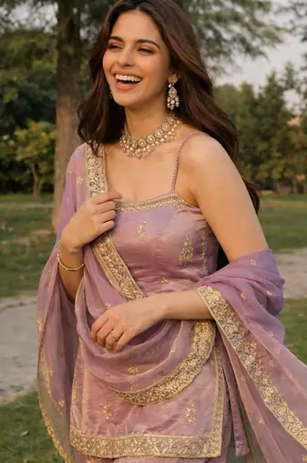 Women's light lavender chinon embroidered kurti set with dupatta and palazzo