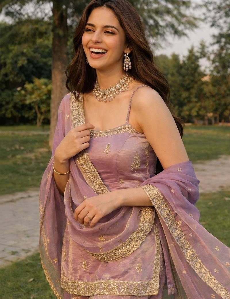 Women's light lavender chinon embroidered kurti set with dupatta and palazzo