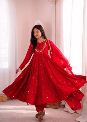 Premium red heavy neck embroidery anarkali suit set with dupatta & pant 2