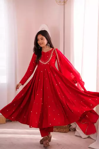 Premium red heavy neck embroidery anarkali suit set with dupatta & pant