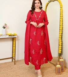 Women's red chanderi embroidered straight kurta set with dupatta and pant