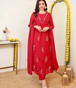 Women's red chanderi embroidered straight kurta set with dupatta and pant